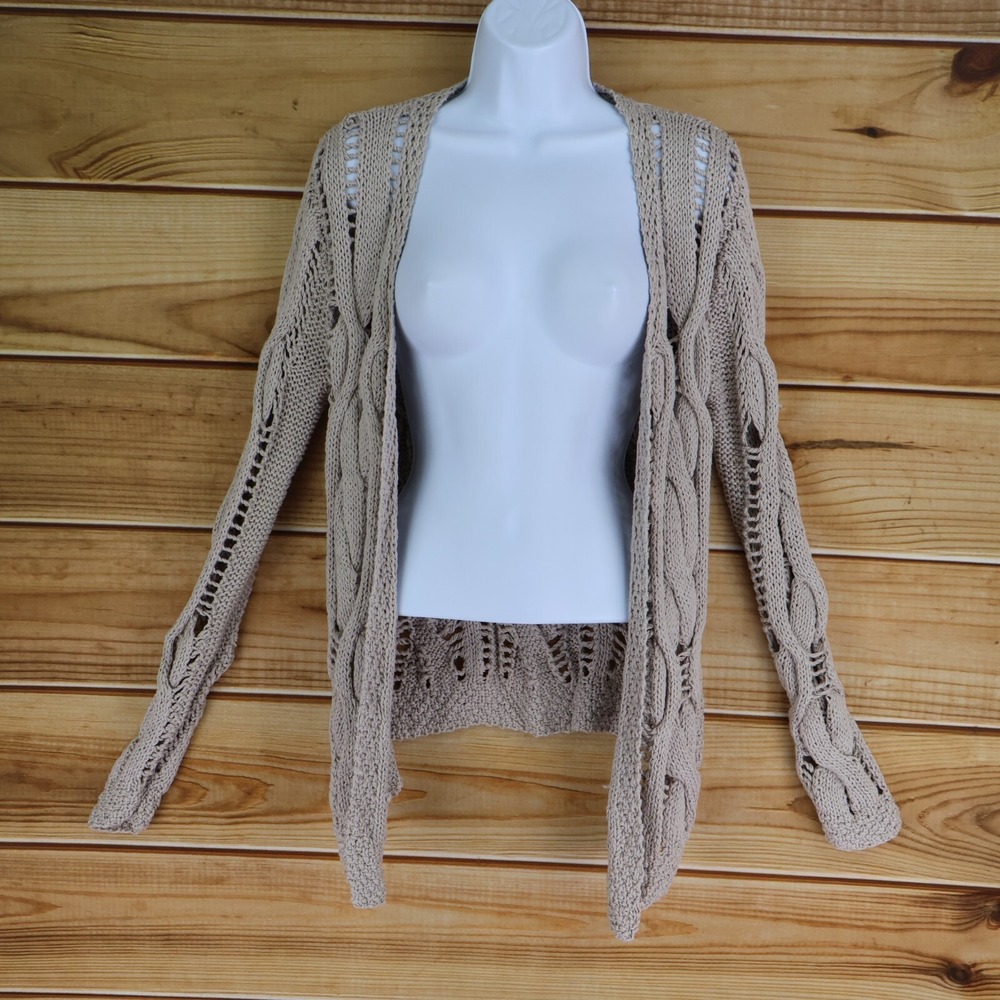 Far Away From Close Cardigan Sweater Womens Size XS Beige 100% Cotton Open Knit